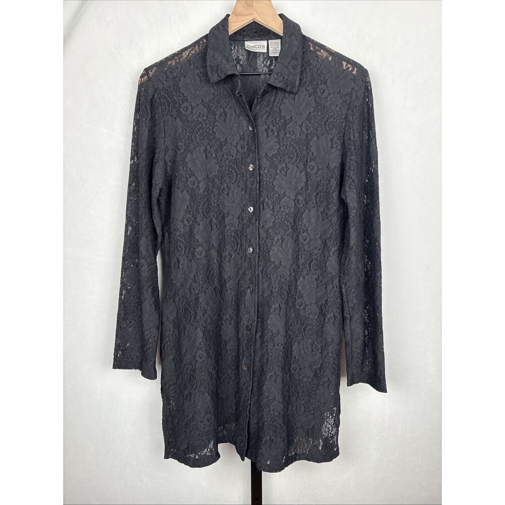 Chico's Black Lace Button Up Tunic‎ Women's Large Collared Top Goth Witchy Sheer